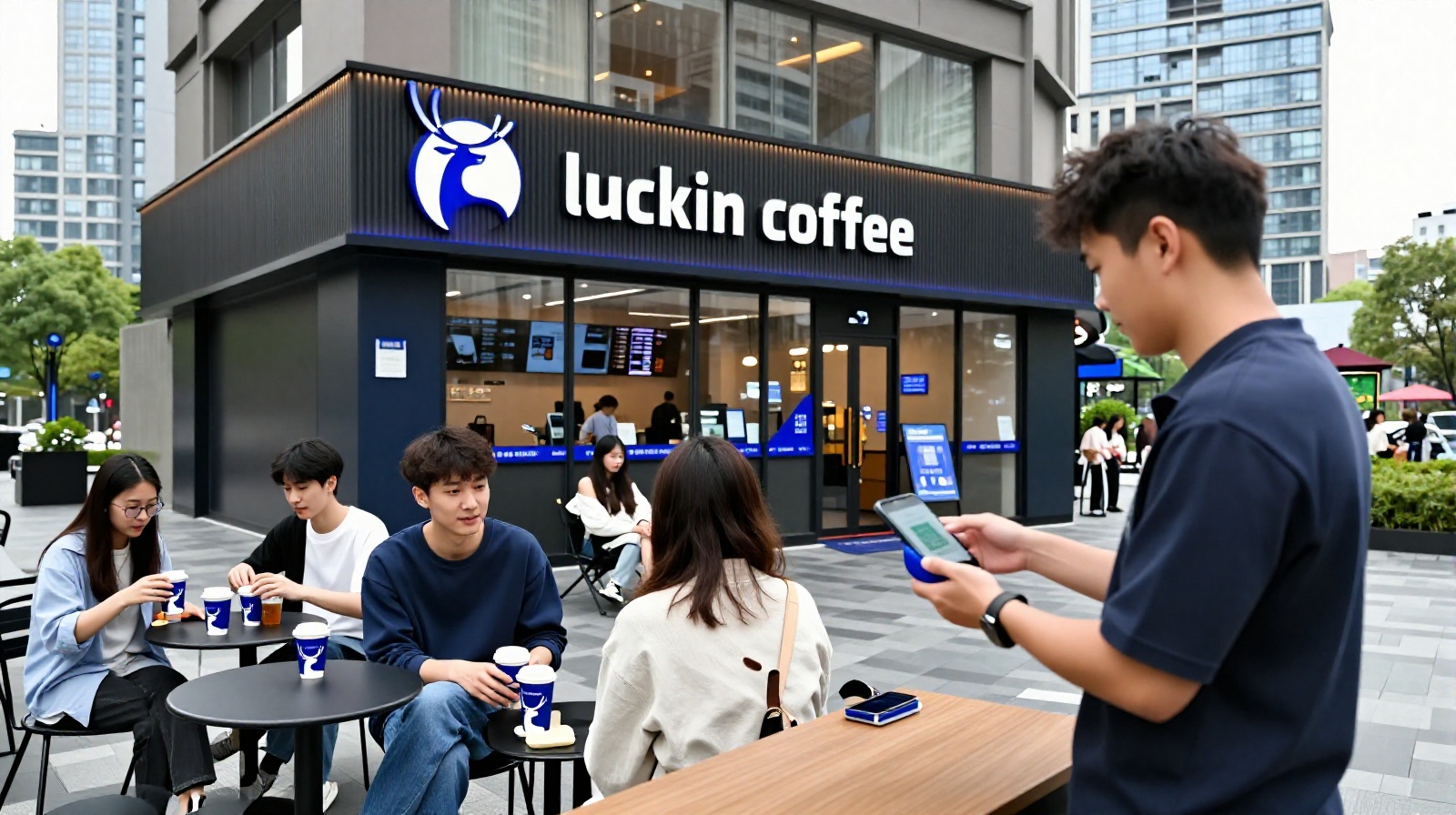 Customer paying for coffee using mobile QR code at a street cafe in Hangzhou