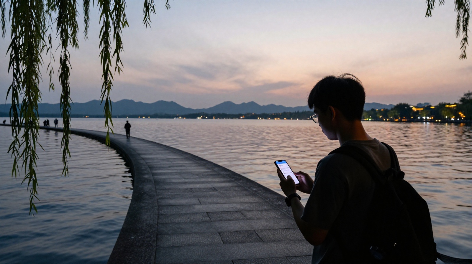 Young professional checking a digital map while walking near West Lake