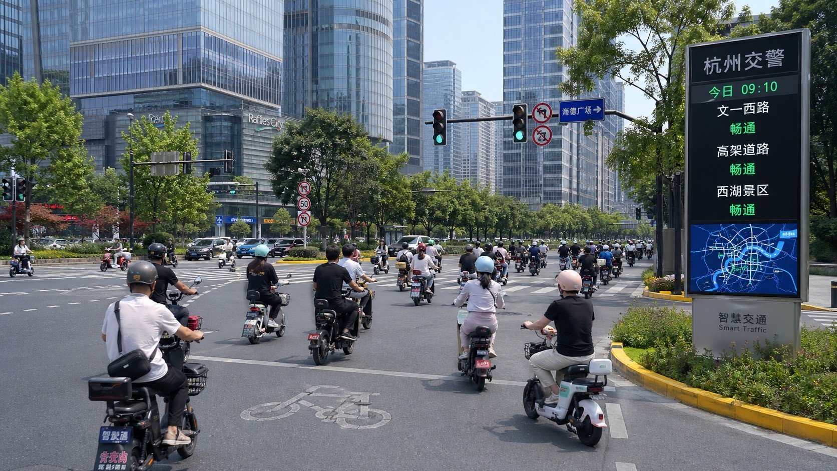 Organized flow of electric bikes and traffic in Hangzhou's smart city infrastructure during rush hour.