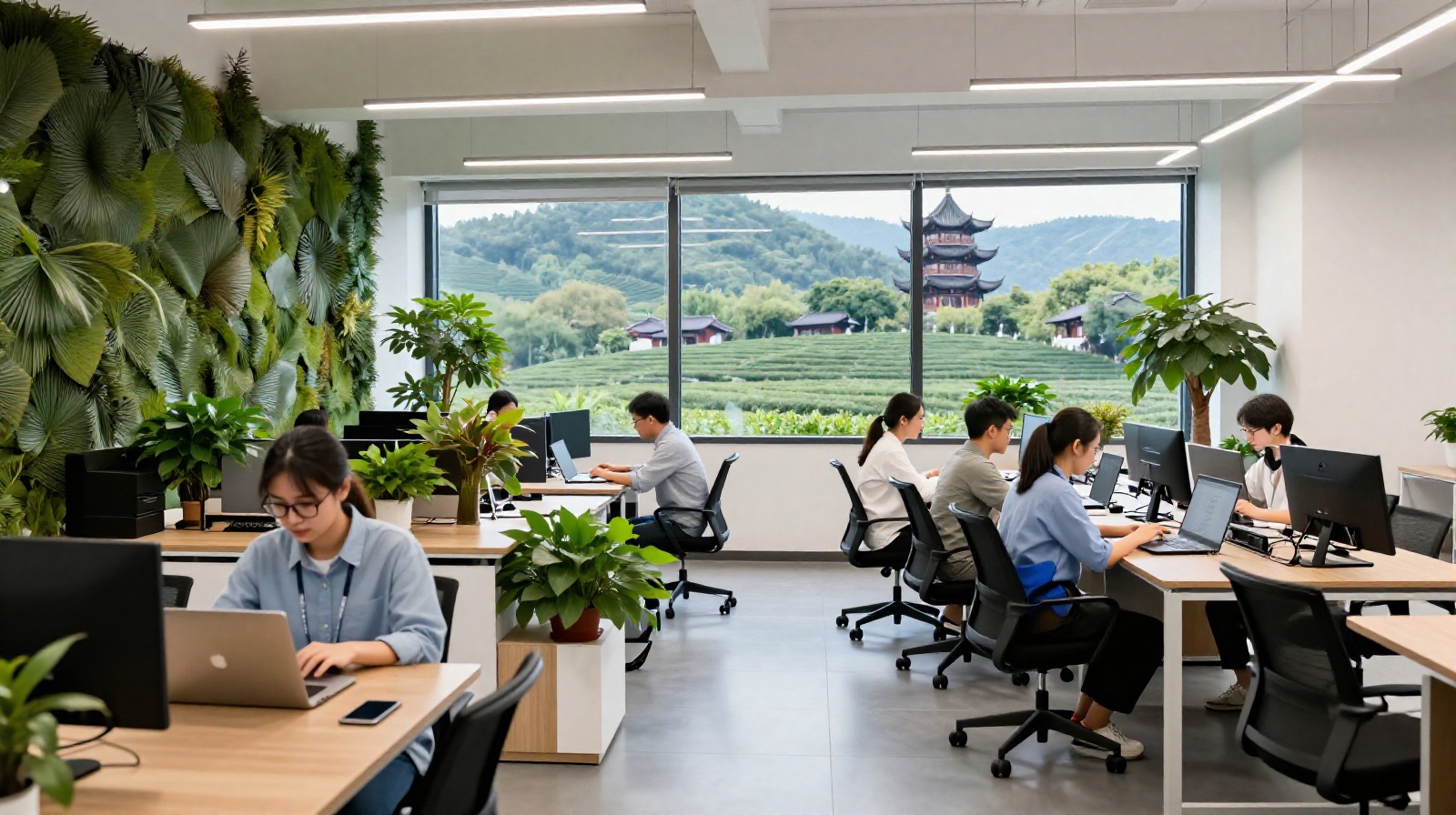 Young tech workers collaborating in a modern co-working space in Hangzhou with views of traditional landscapes outside.