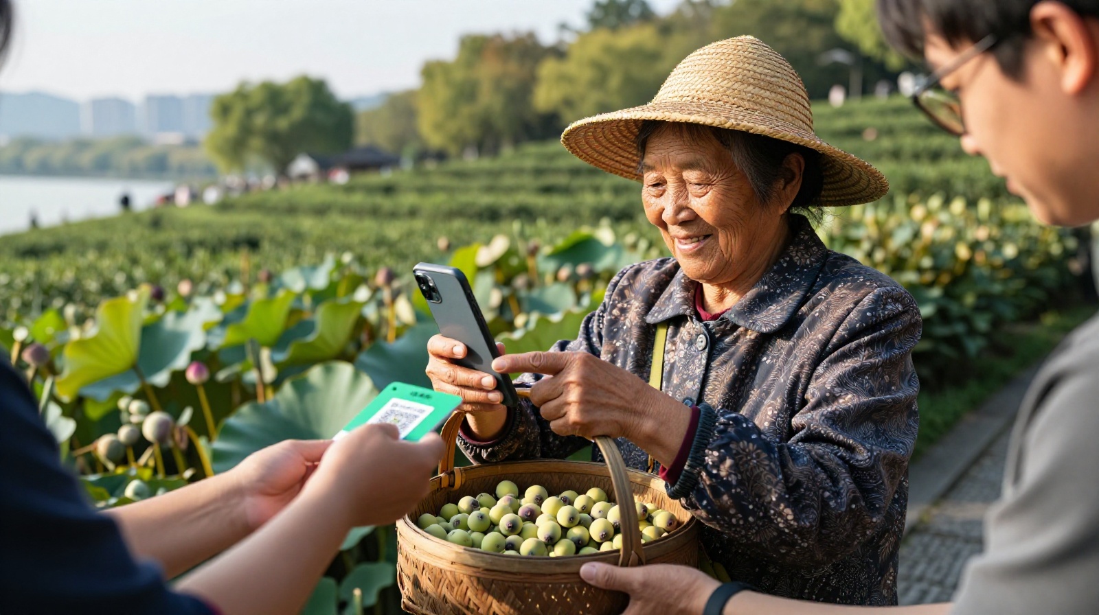 Elderly Chinese woman selling lotus seeds by West Lake using a smartphone for digital payment with traditional tea plantations in the background