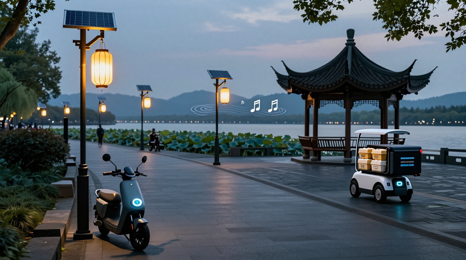 Modern electric scooter and delivery robot near a traditional pavilion at West Lake during sunset