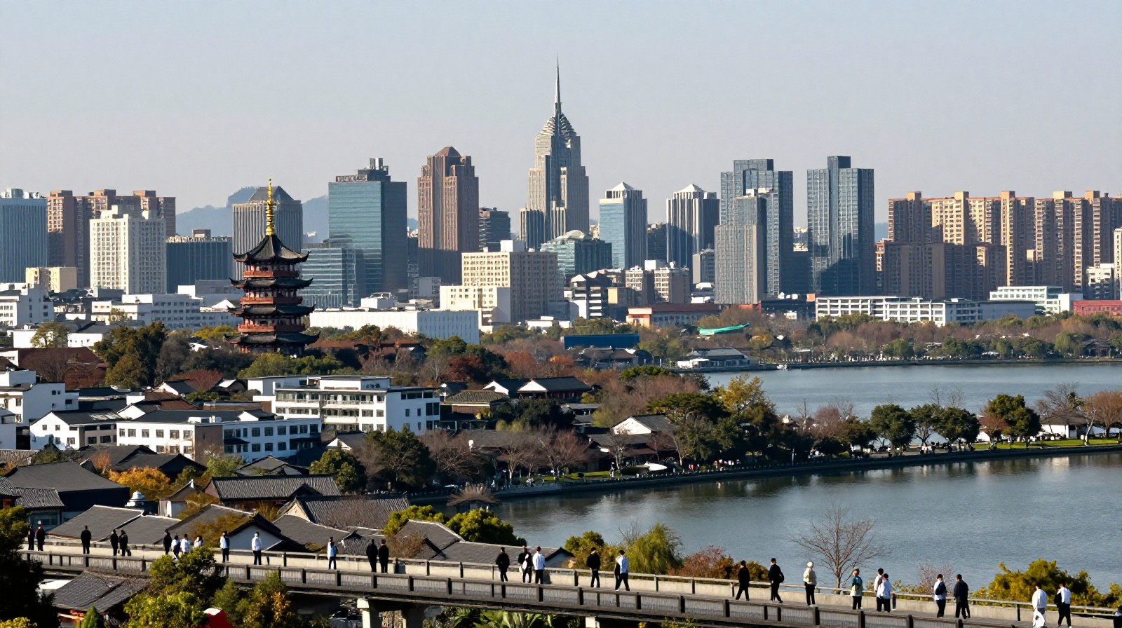 Contrast between low-rise heritage buildings near West Lake and high-rise modern residential towers in Hangzhou