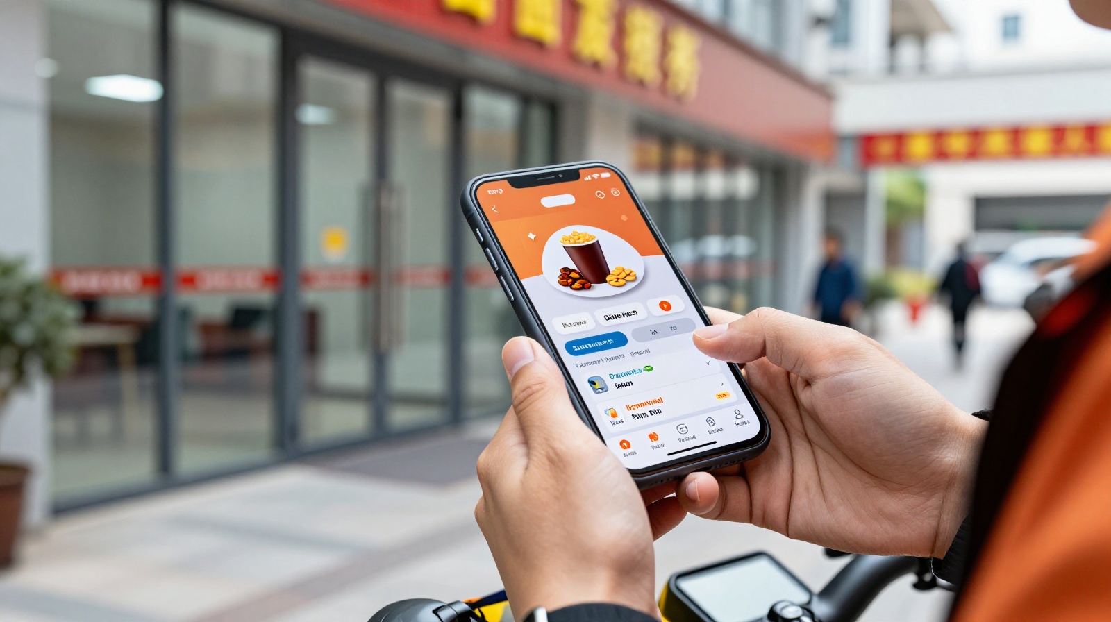 Close-up of a delivery rider checking order details on a smartphone in a modern Chinese office building lobby, illustrating the gig economy workflow.