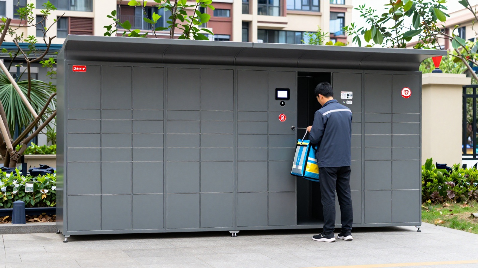 Smart lockers for food delivery packages in a Chinese residential compound, highlighting infrastructure efficiency.