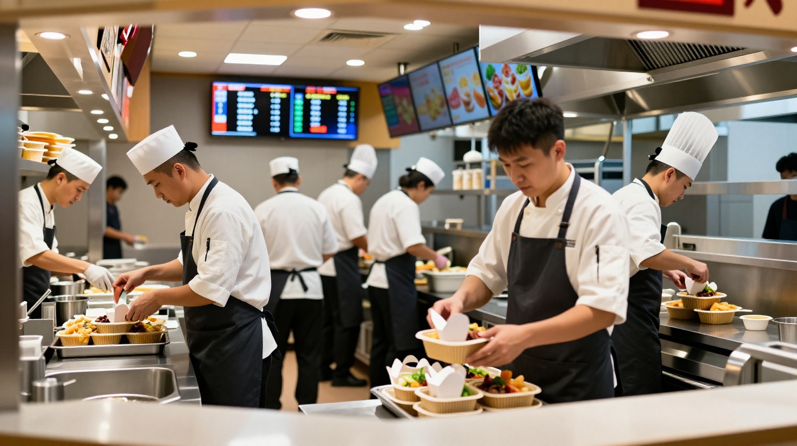 Busy kitchen staff packing takeout orders in a Chinese restaurant, reflecting the impact of food delivery on dining business models.