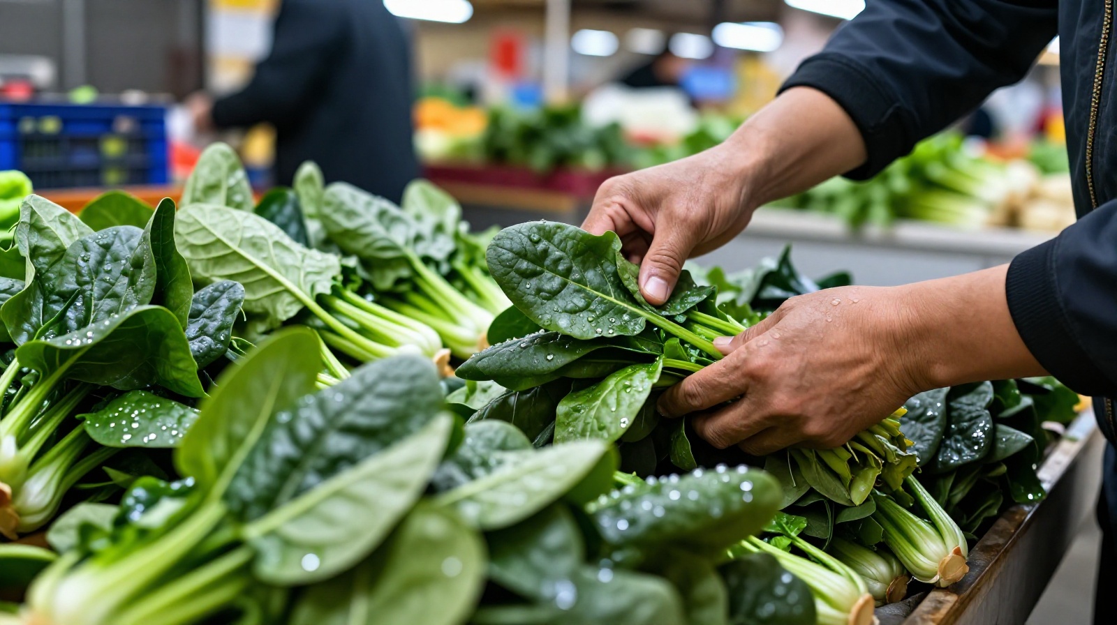 A close-up view of fresh green vegetables being sorted by hand at a busy Chinese wet market wholesale station during early morning hours.
