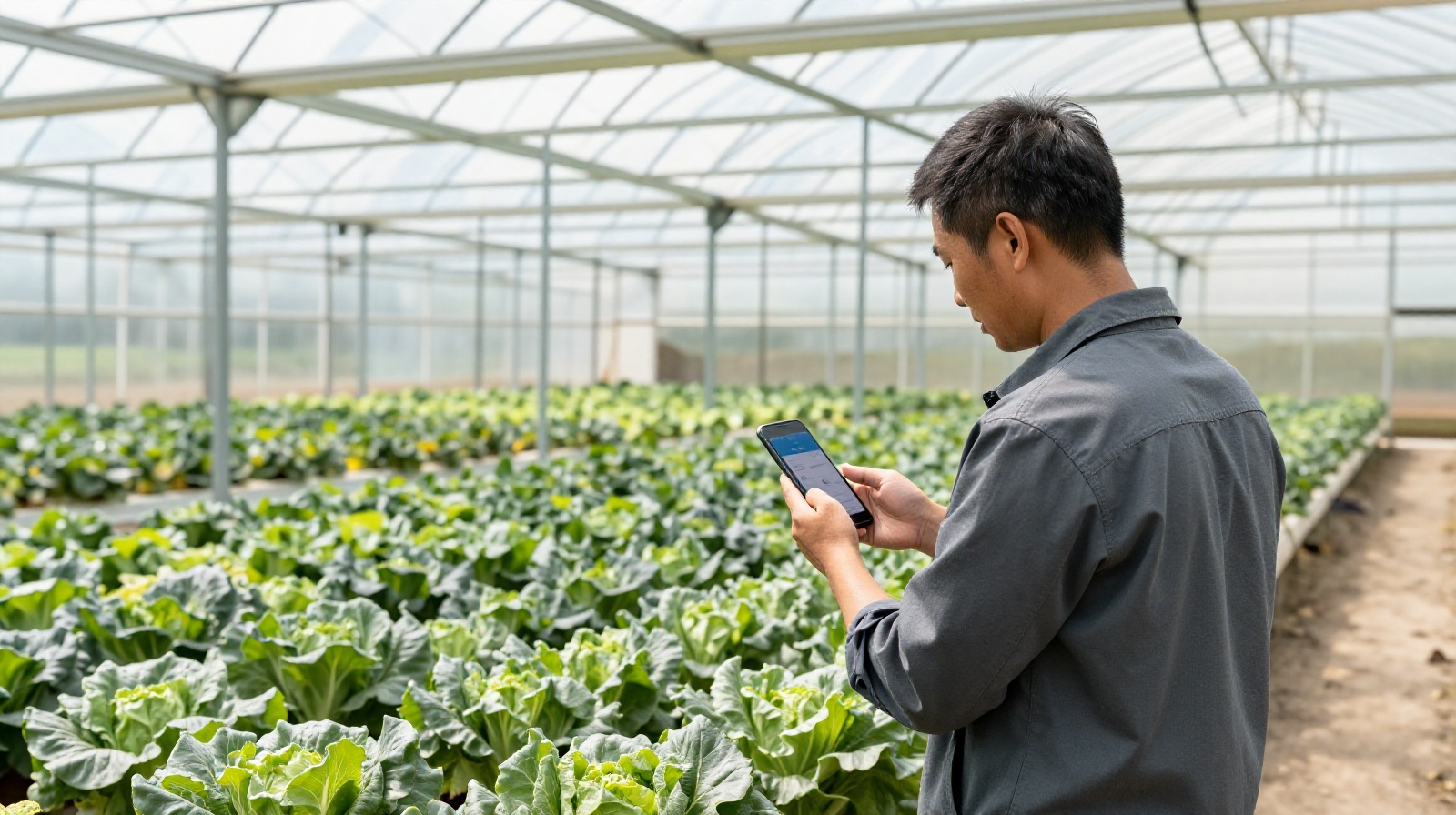 A Chinese farmer using a smartphone app to check market prices inside a vegetable greenhouse in Shandong.