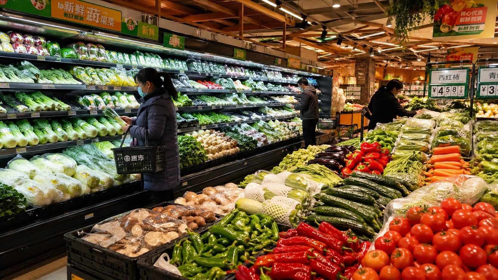 Well-stocked shelves of affordable fresh vegetables in a local supermarket in China.