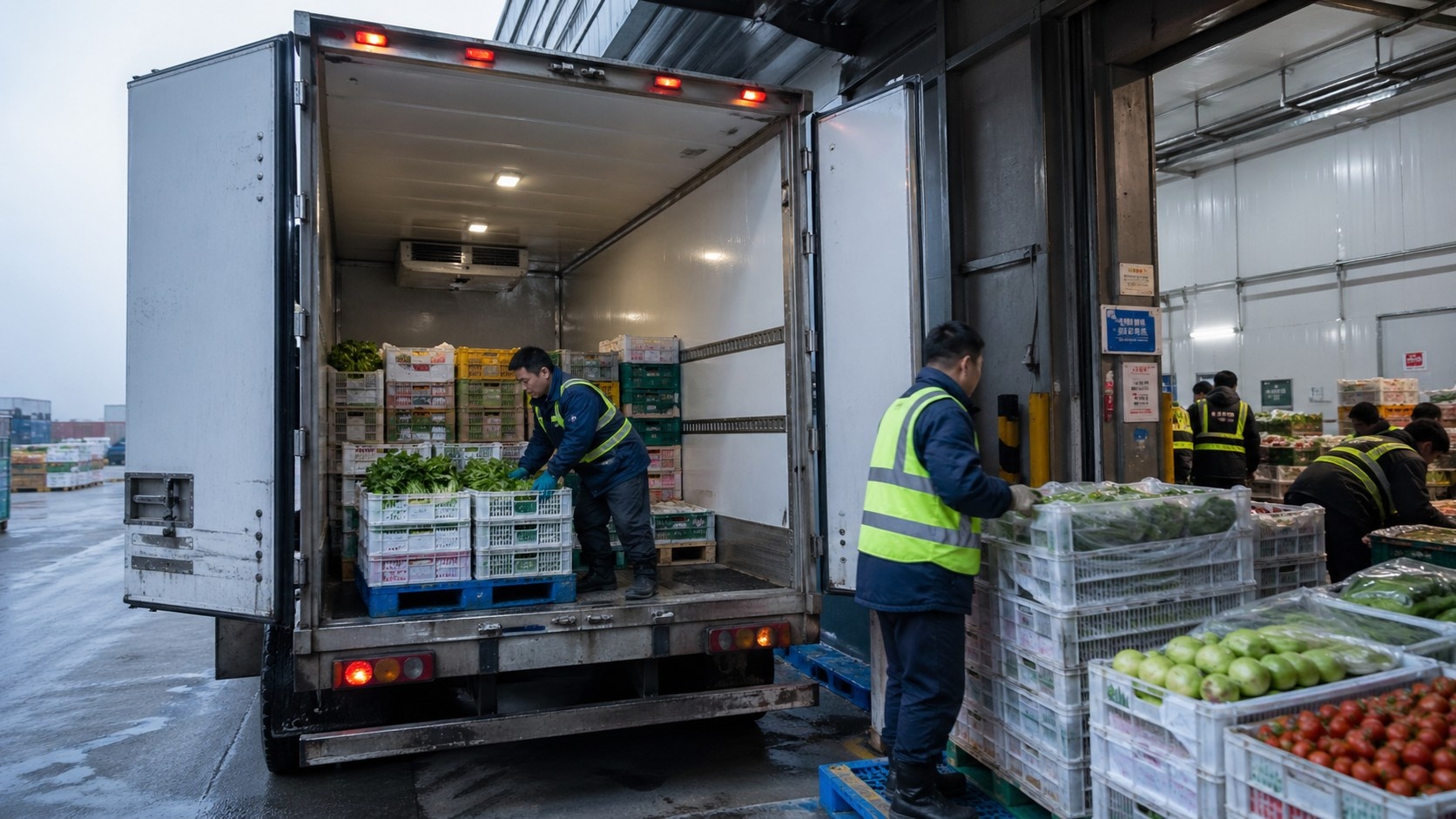 Modern cold chain logistics truck being loaded with fresh vegetables at a Chinese distribution hub
