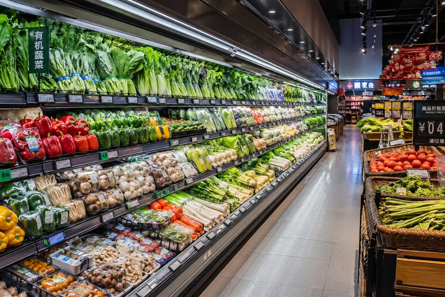 Well-stocked vegetable section in a modern Chinese supermarket with diverse fresh options