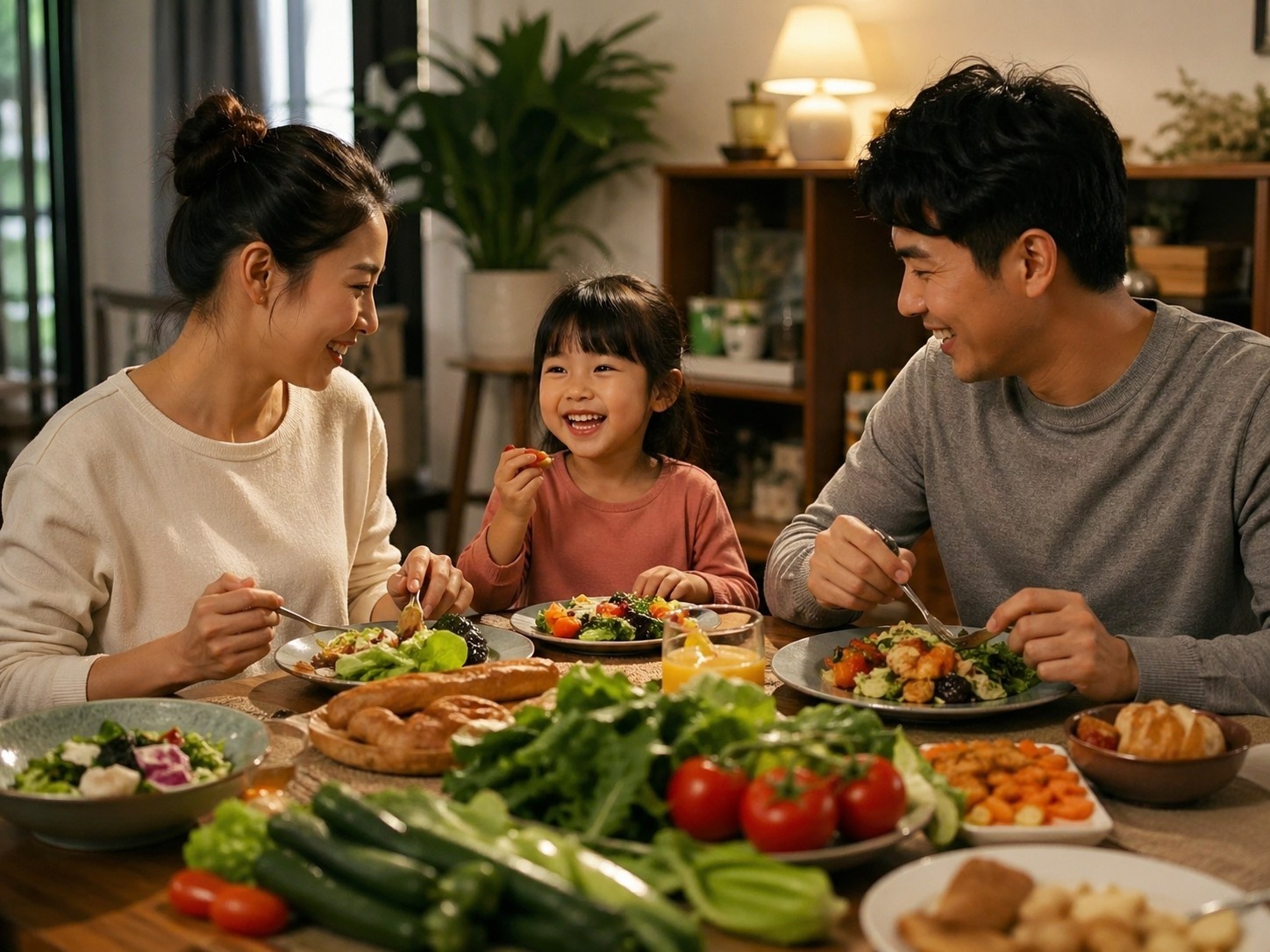 Chinese family enjoying a meal with fresh vegetables prepared from local markets