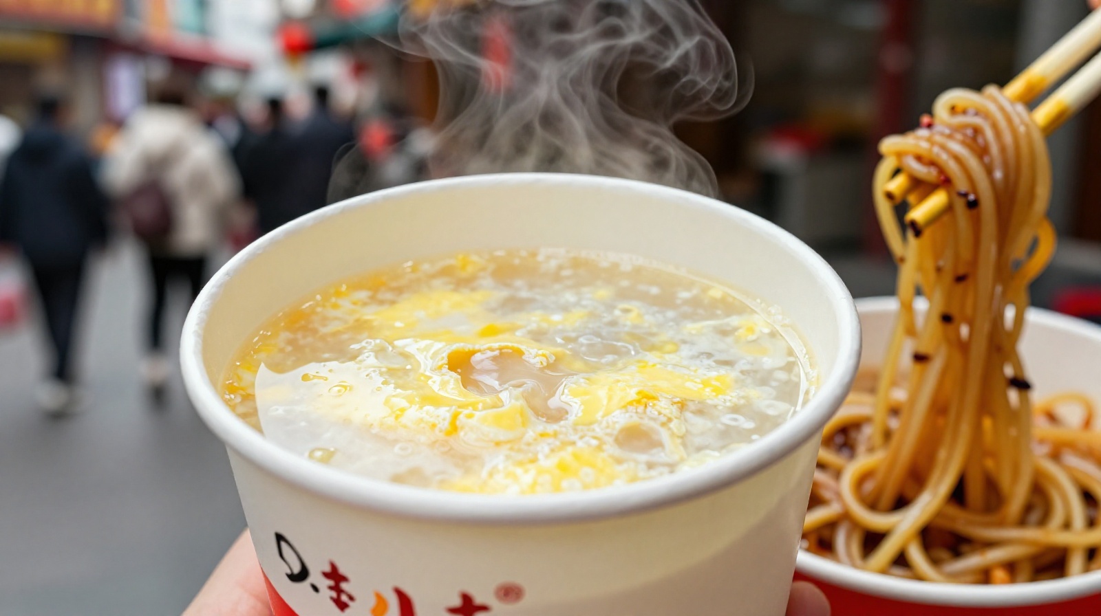 A traditional Chinese breakfast combination of Hot Dry Noodles and Egg Wine Dan Jiu in a paper cup