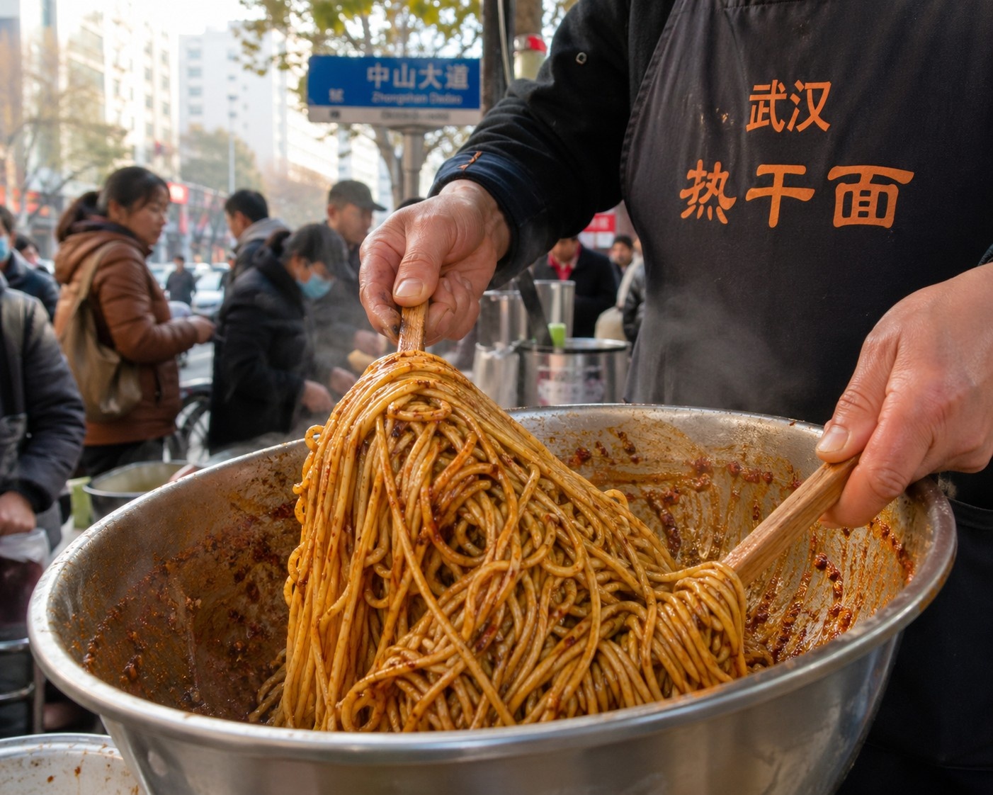 Close-up of a vendor mixing hot dry noodles with sesame sauce at a Wuhan breakfast stall