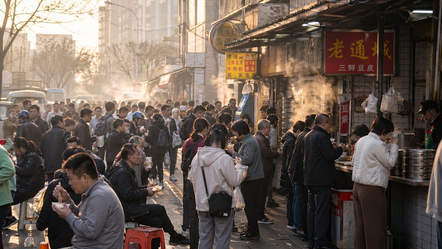 Crowd of locals eating street food at a Wuhan breakfast stand on a busy sidewalk