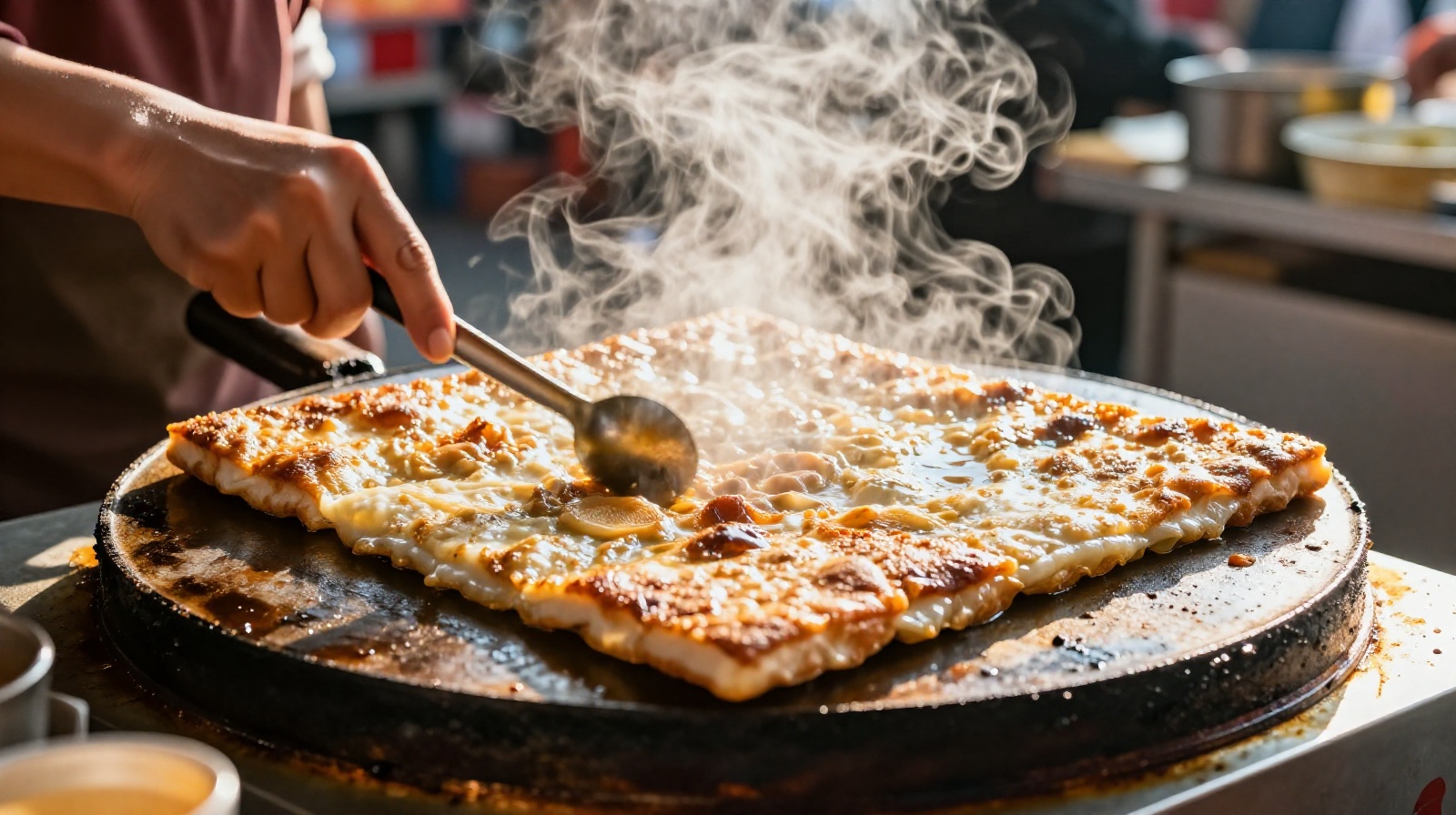 A close-up view of a Wuhan street vendor cooking traditional Doupi (rice skin dish) on a large round iron pan with steam rising in the morning sunlight.