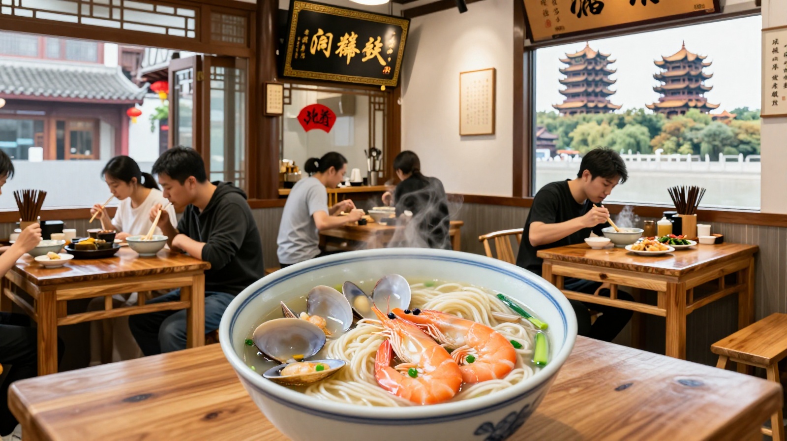 Bowls of fresh river fish and shrimp in clear broth served at a traditional Wuhan noodle shop.