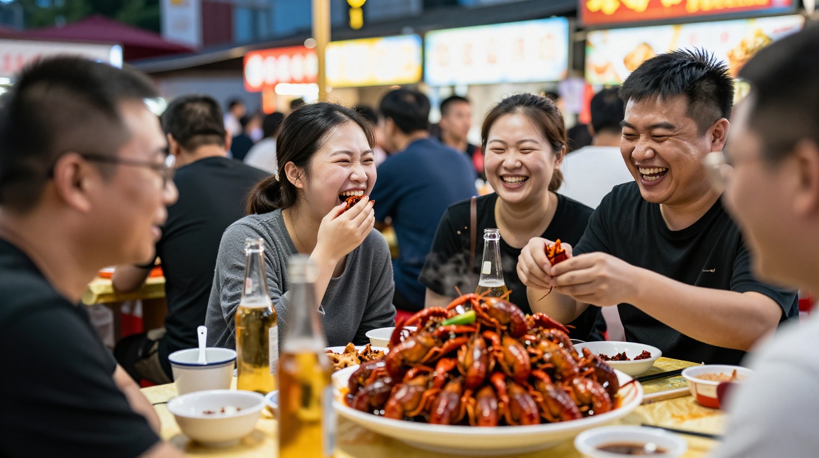 People enjoying spicy crayfish together at a crowded Wuhan night market table under warm lights