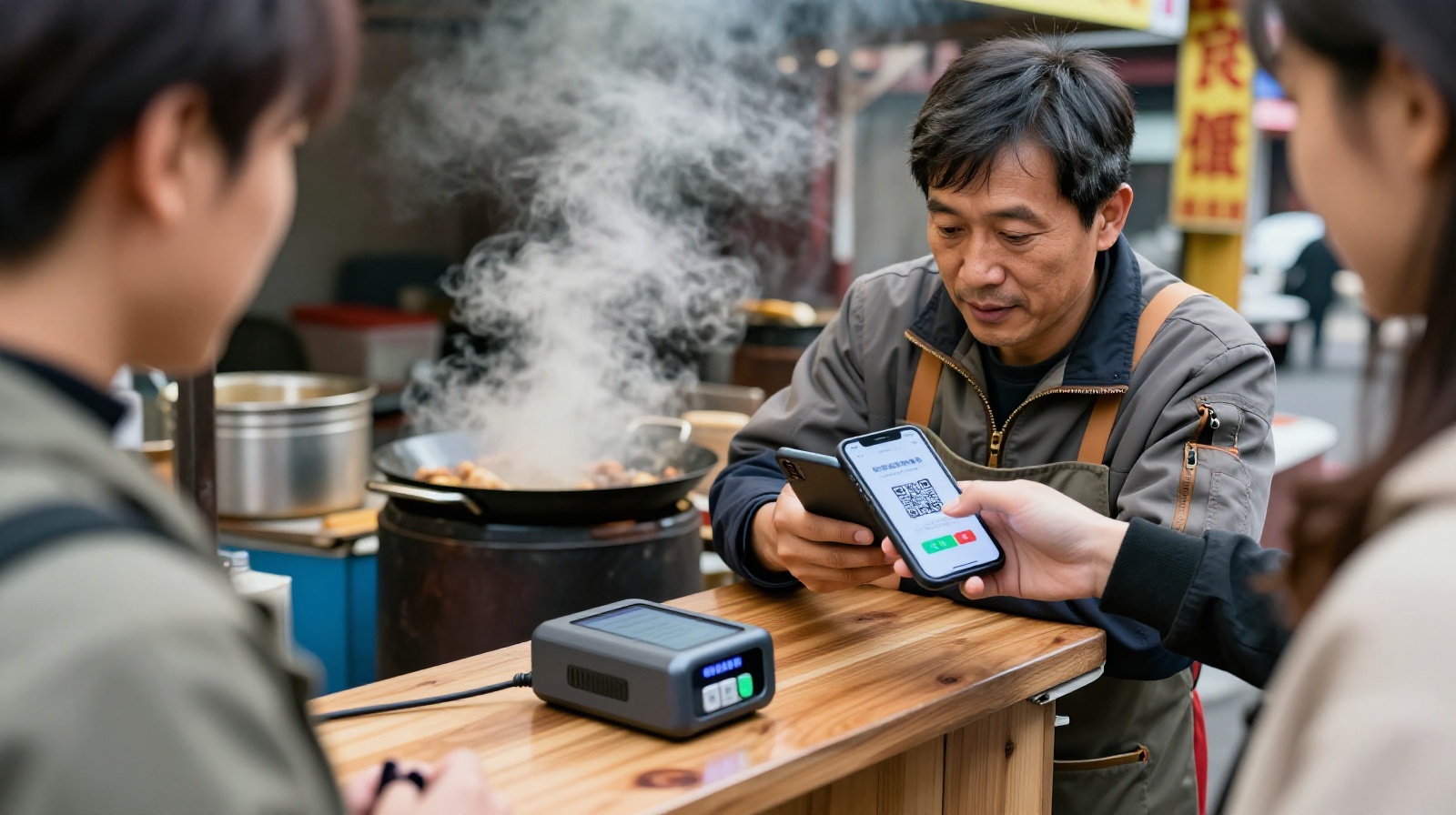 Vendor using a mobile payment scanner at a Wuhan crayfish stall