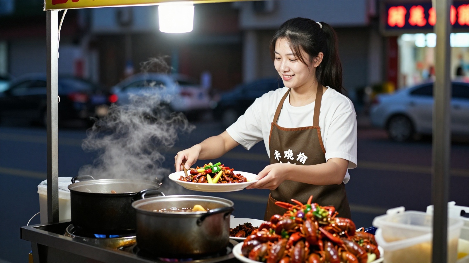 A young entrepreneur running her own crayfish stall in Wuhan at night