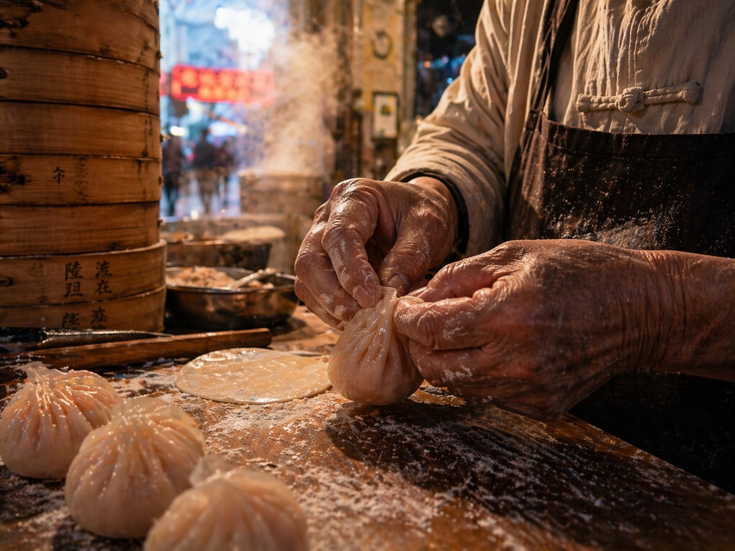 Close-up of an elderly vendor's hands folding fresh shrimp dumplings at a Guangzhou breakfast stall at dawn