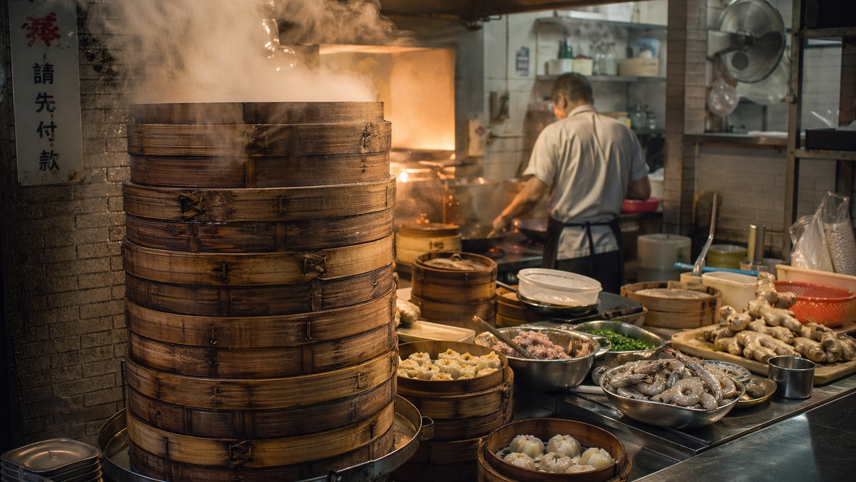 Bamboo steamers filled with cooking dumplings emitting heavy steam at a street food stall