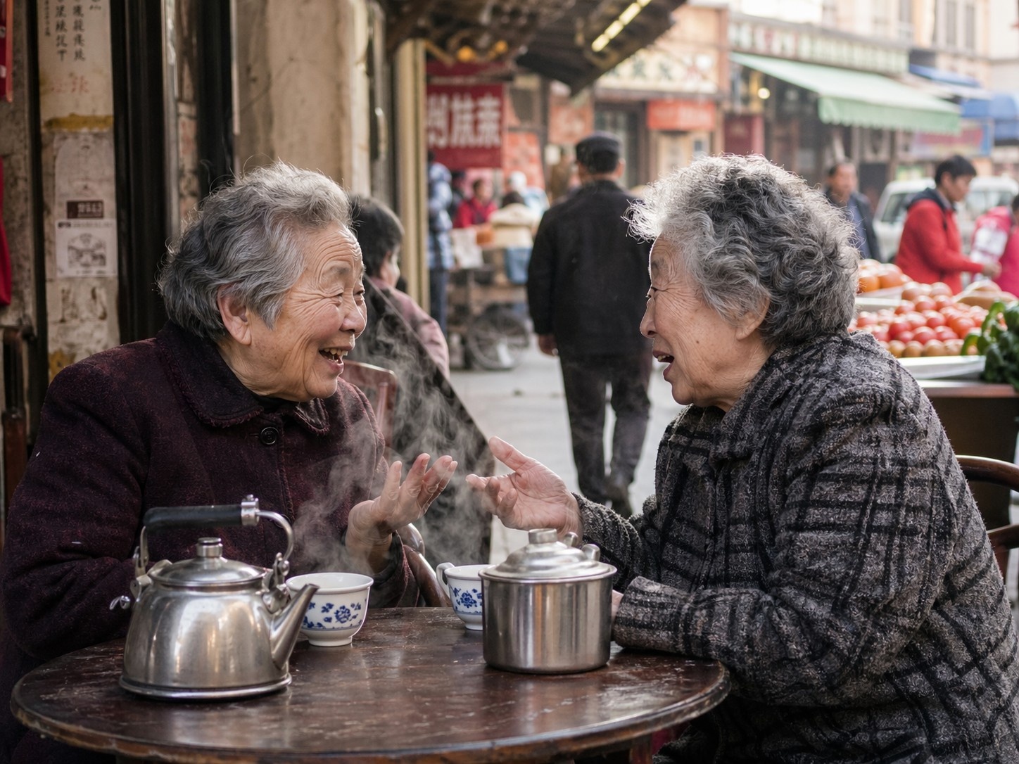 Elderly locals chatting and drinking tea at a Guangzhou dim sum stall, forming a community hub