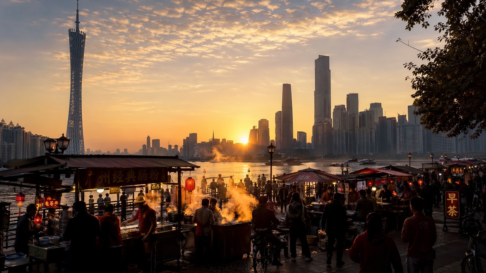 Sunrise over the Pearl River with a bustling dim sum stall in the foreground symbolizing daily life in China