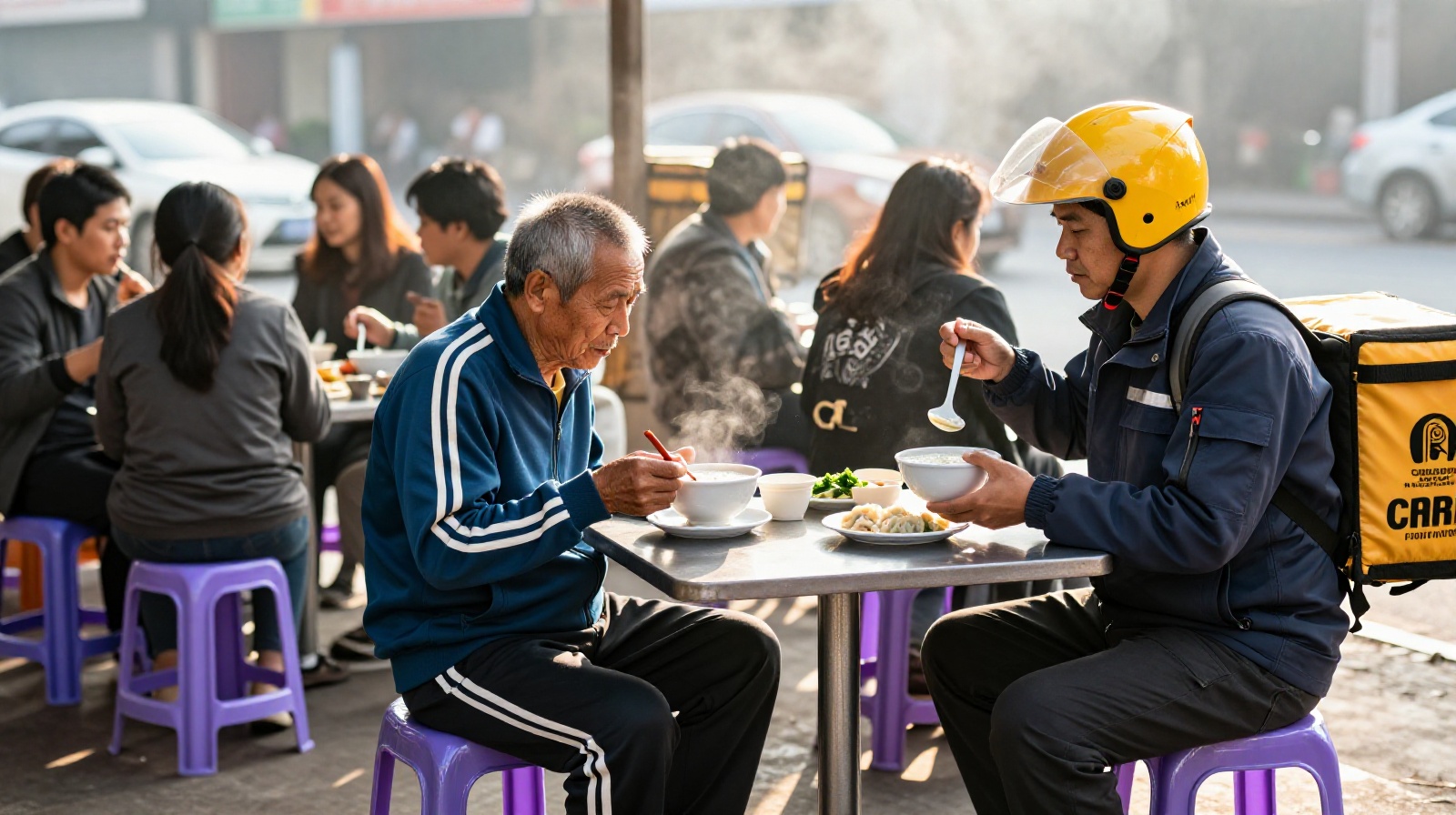 Local residents and workers enjoying traditional dim sum at a street stall in Guangzhou before sunrise