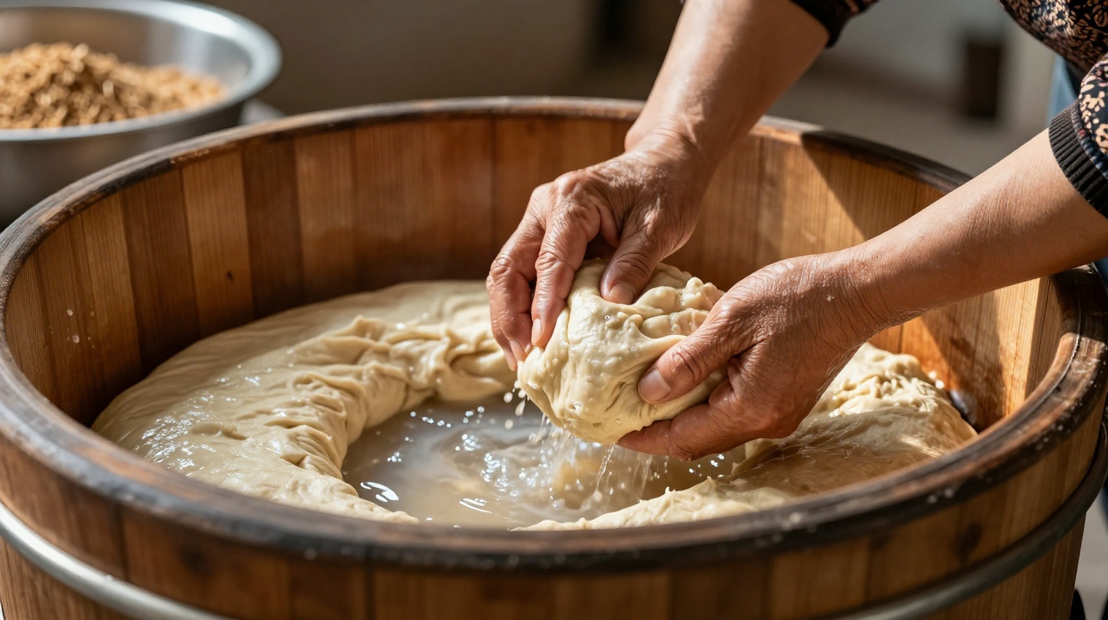 A close-up view of a woman's hands adding wheat bran to an old fermentation starter in a wooden vat inside a traditional Chinese workshop in Shanxi.