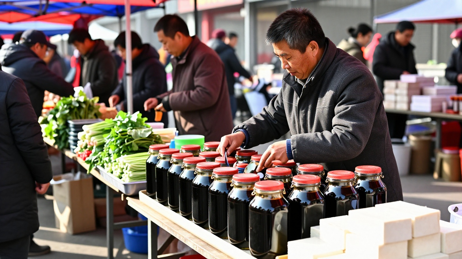 A vendor selling traditional aged vinegar in glass jars at a busy outdoor morning market in Shanxi province, China.