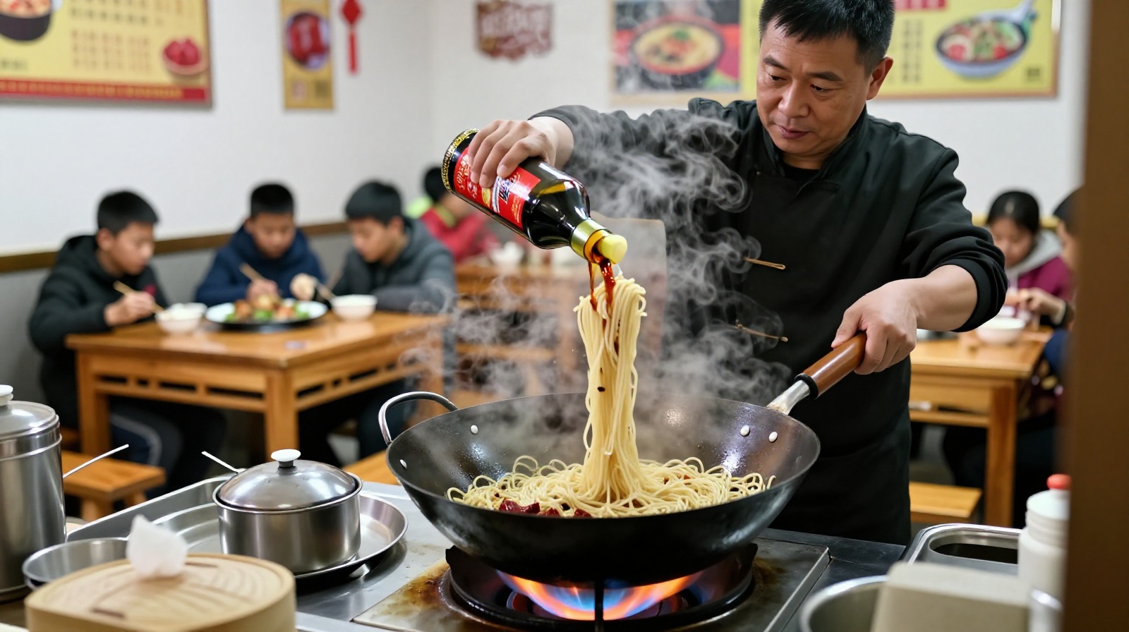 A chef cooking fried rice with aged vinegar in a wok at a traditional restaurant in Shanxi, China.