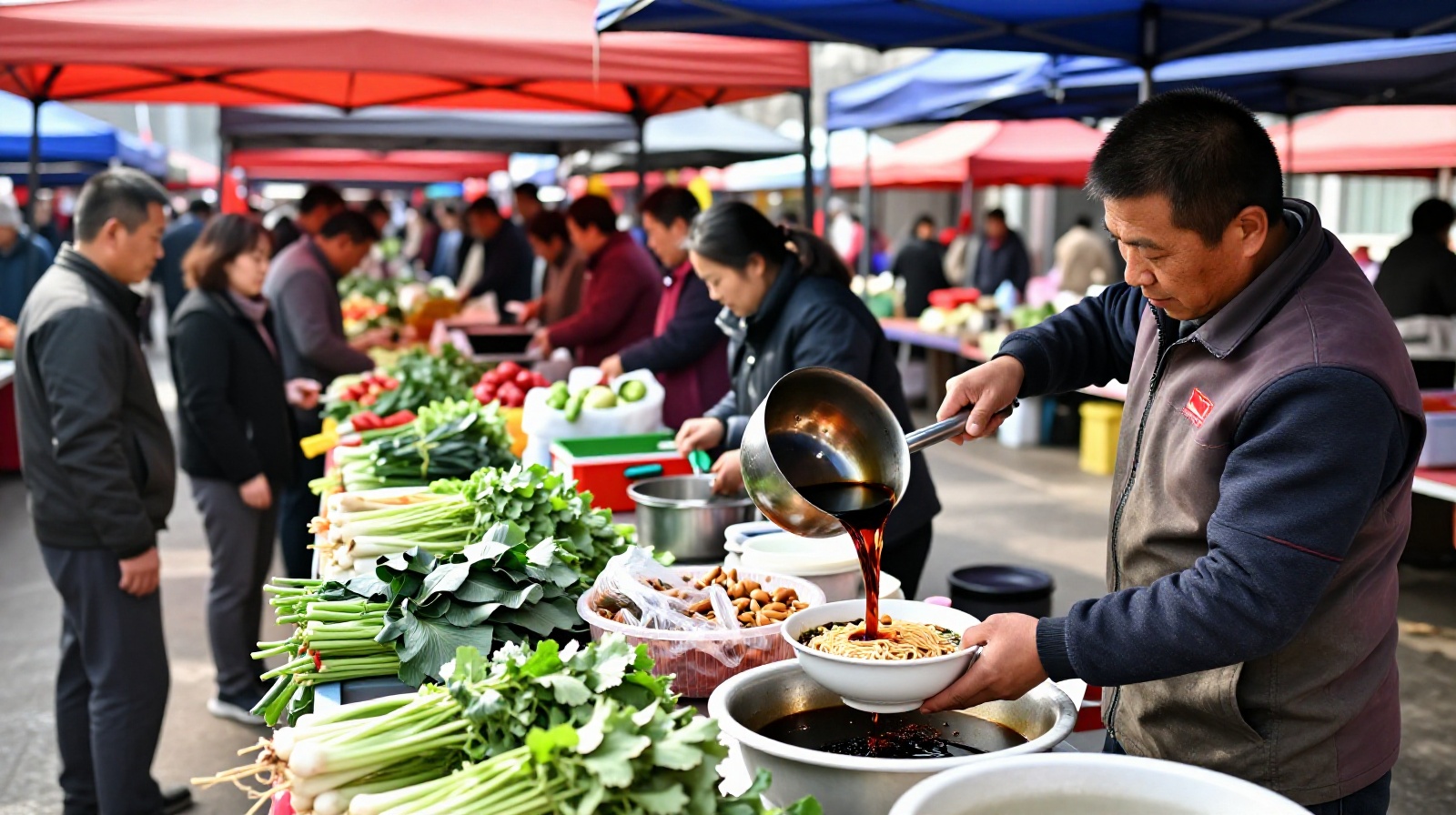 A busy street market scene in Taiyuan where a vendor pours traditional vinegar into a bowl of noodles for a customer