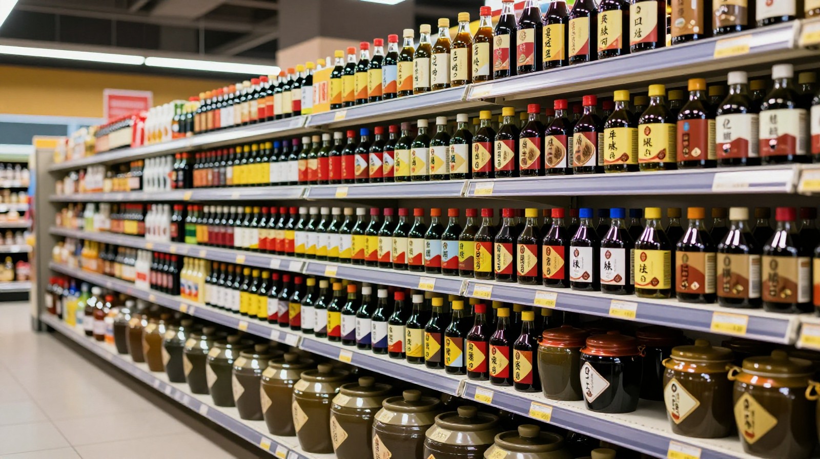 Modern supermarket shelf in Shanxi showing a wide variety of packaged vinegars for sale