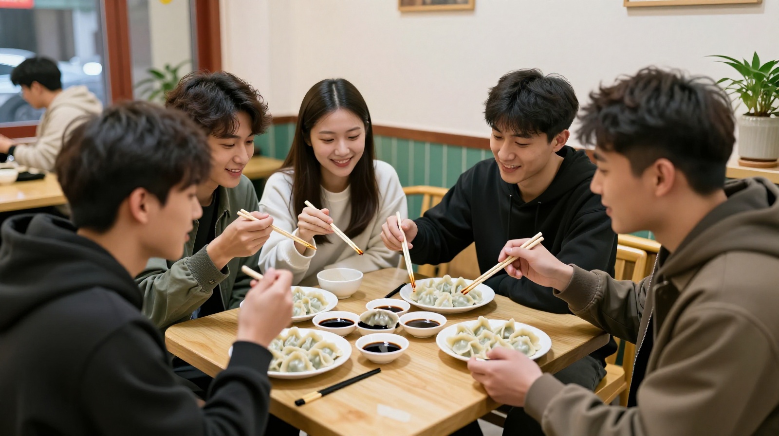 Young locals dining in Shanxi using traditional vinegar as a condiment for dumplings
