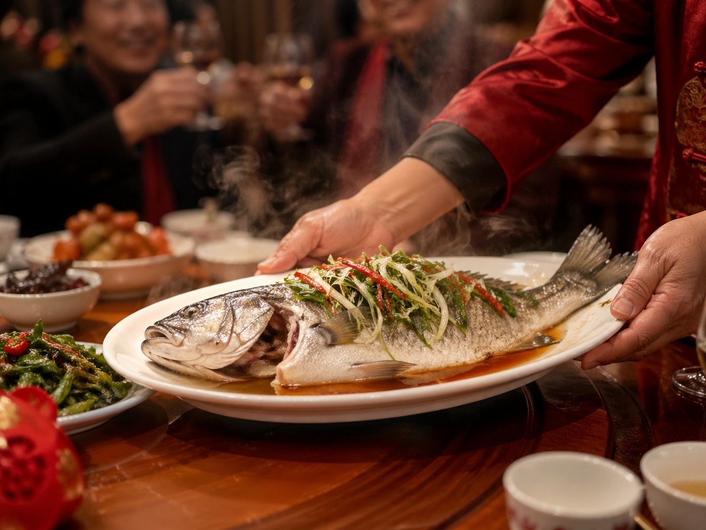 A close-up view of a traditional Chinese dinner where a host places a whole steamed fish on the table, with the fish head facing a guest to show respect.