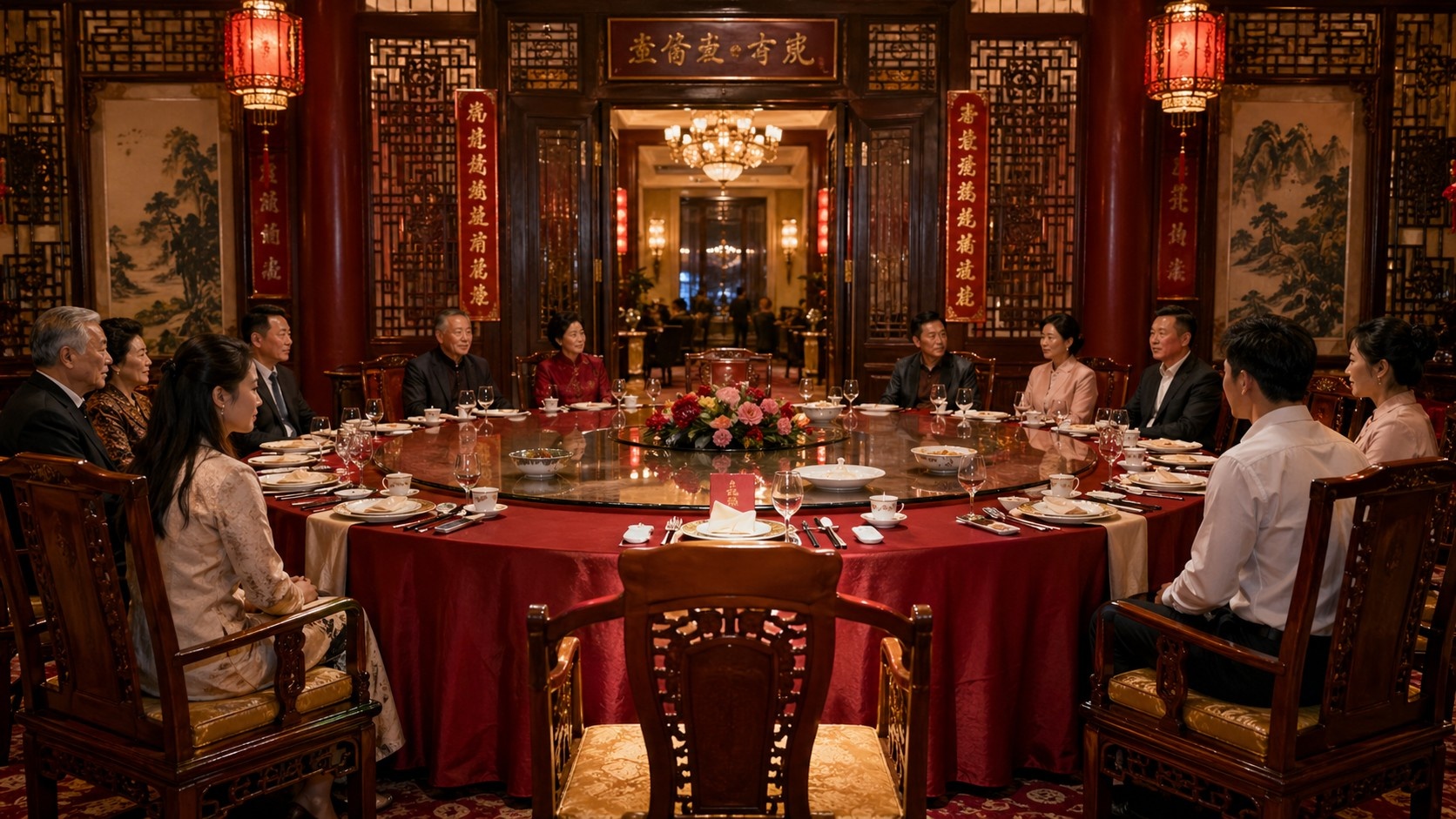 An overview of a traditional Chinese banquet seating arrangement showing the main host and guest of honor positions around a round table.