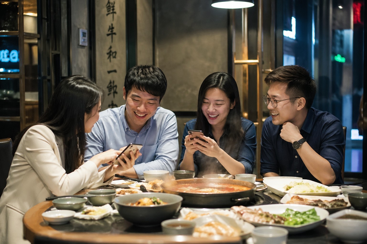 Young Chinese people enjoying a casual dining experience in a modern city restaurant, blending traditional social values with modern efficiency.