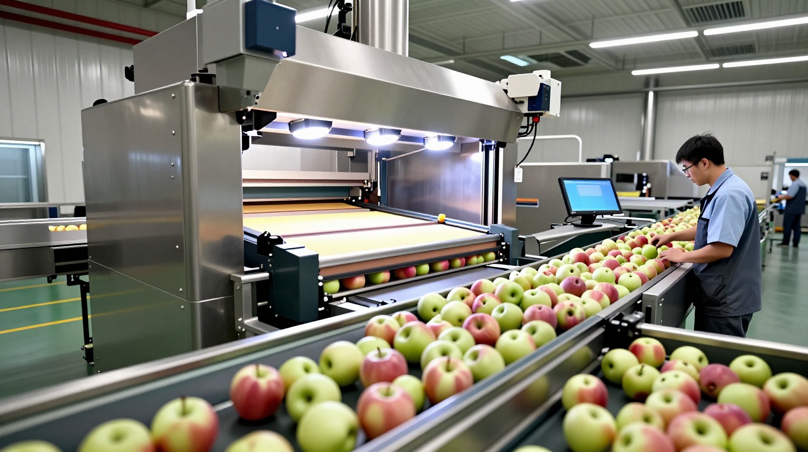 Apples moving on a conveyor belt in a modern packing facility in Shandong province for automated sorting.