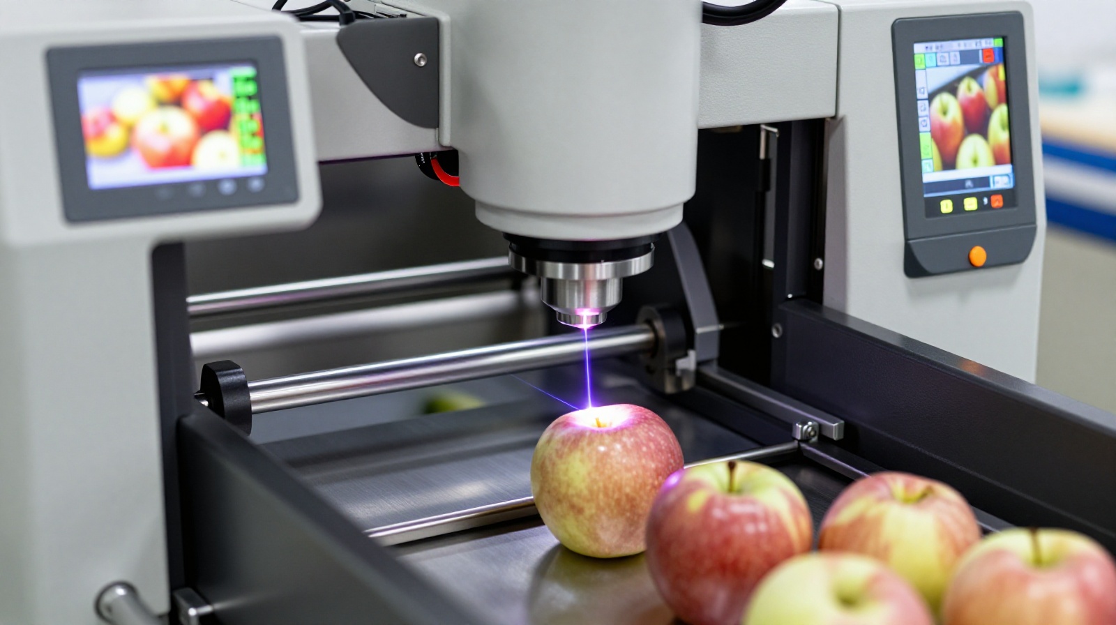 High tech optical sorter measuring sugar content in fresh Yantai apples using lasers.