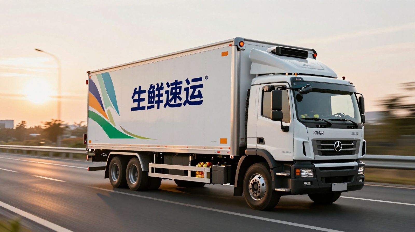 Refrigerated trucks loaded with Yantai apples waiting to depart on a Chinese highway for cold chain transport.