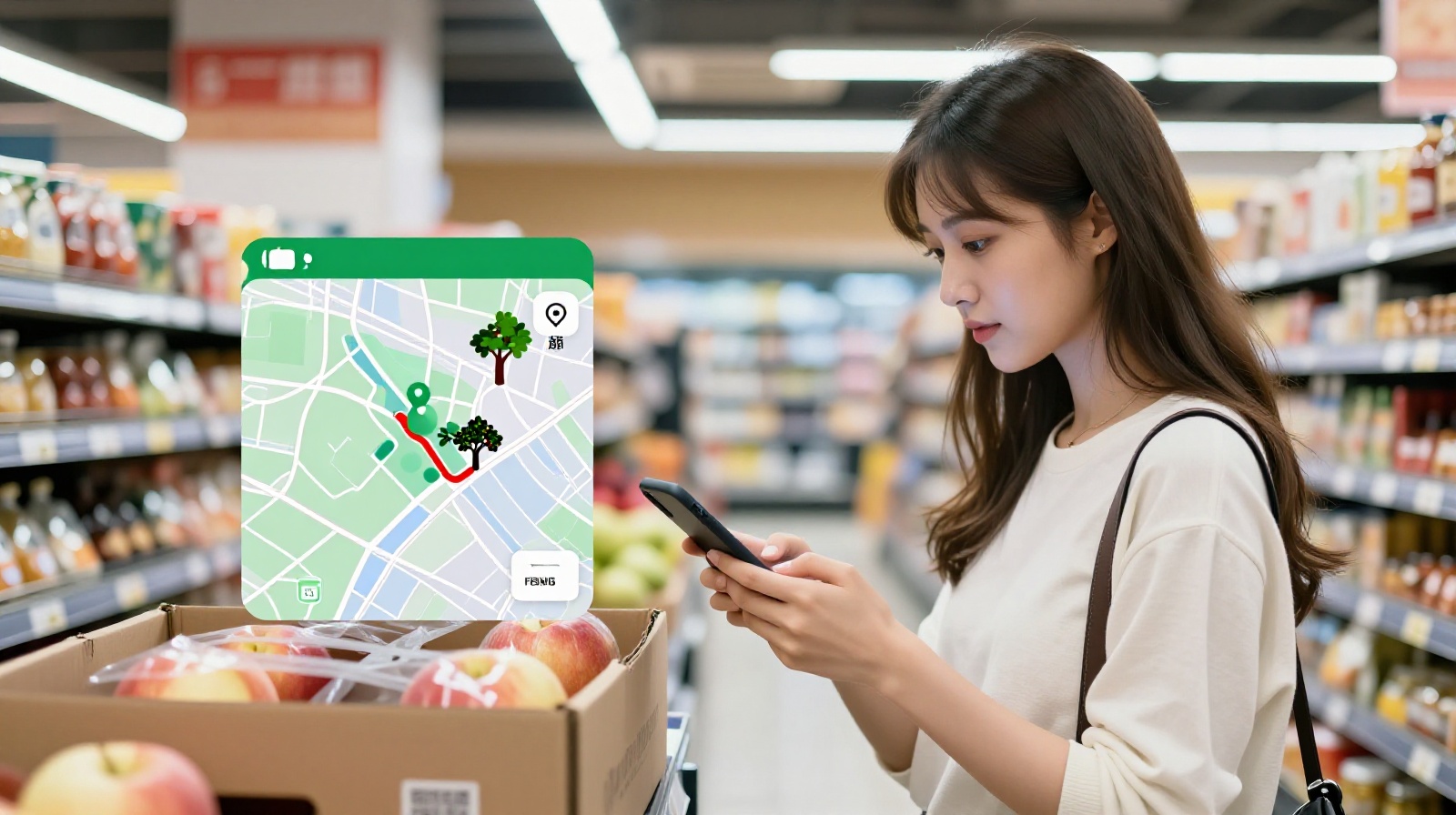 Consumer scanning a QR code on Yantai apple packaging to trace its origin from the farm in Shandong.