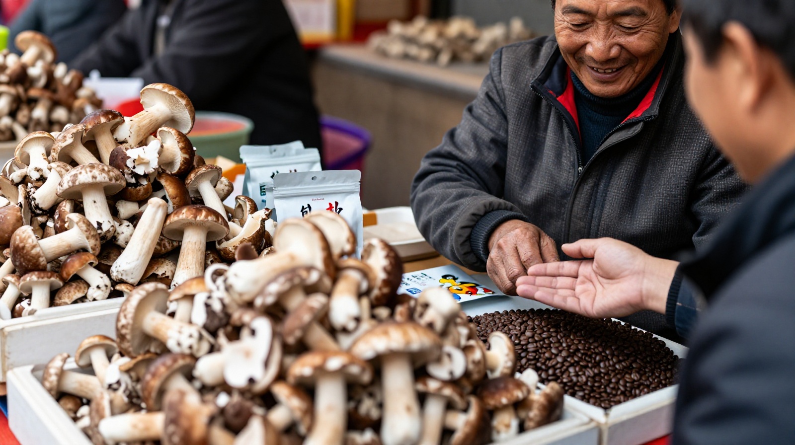 A vibrant display of fresh wild mushrooms and packaged coffee at a local market in Yunnan, China
