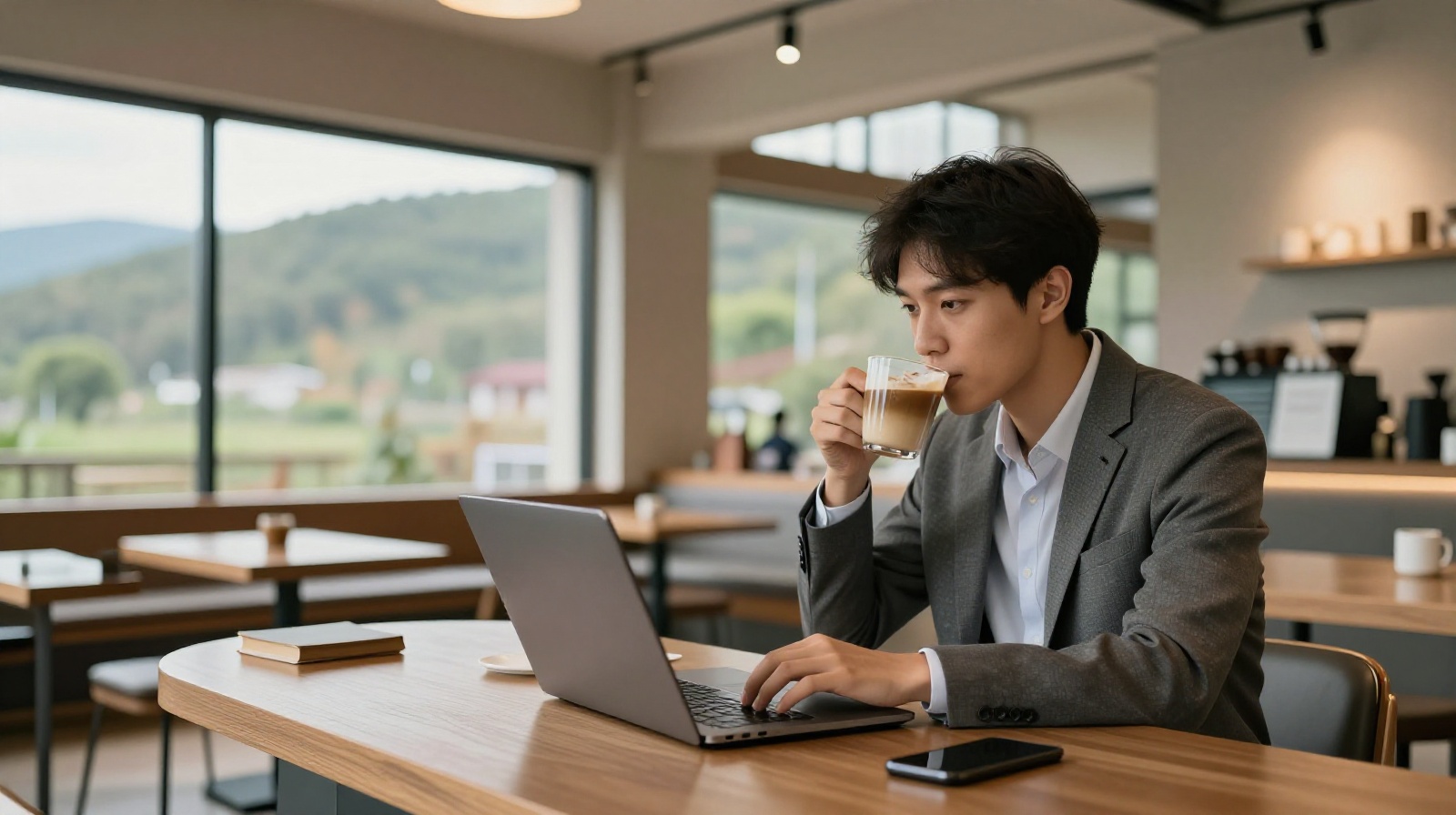 A young professional enjoying coffee in a modern cafe in Kunming, Yunnan