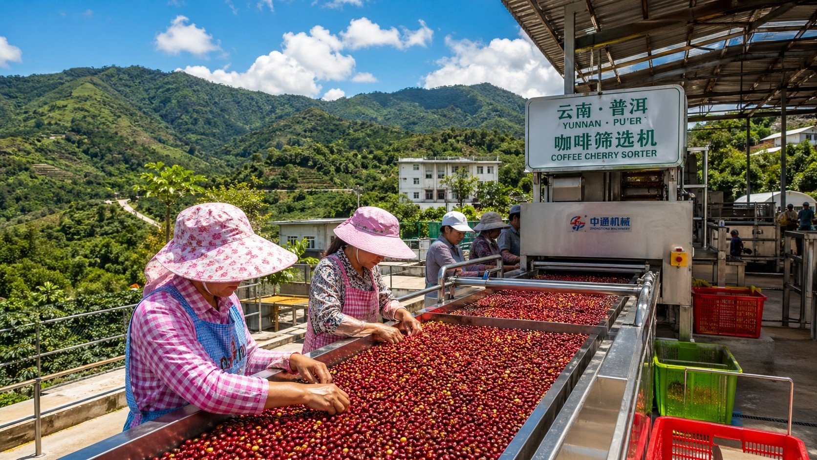 Workers processing coffee cherries at a modern facility in Yunnan province