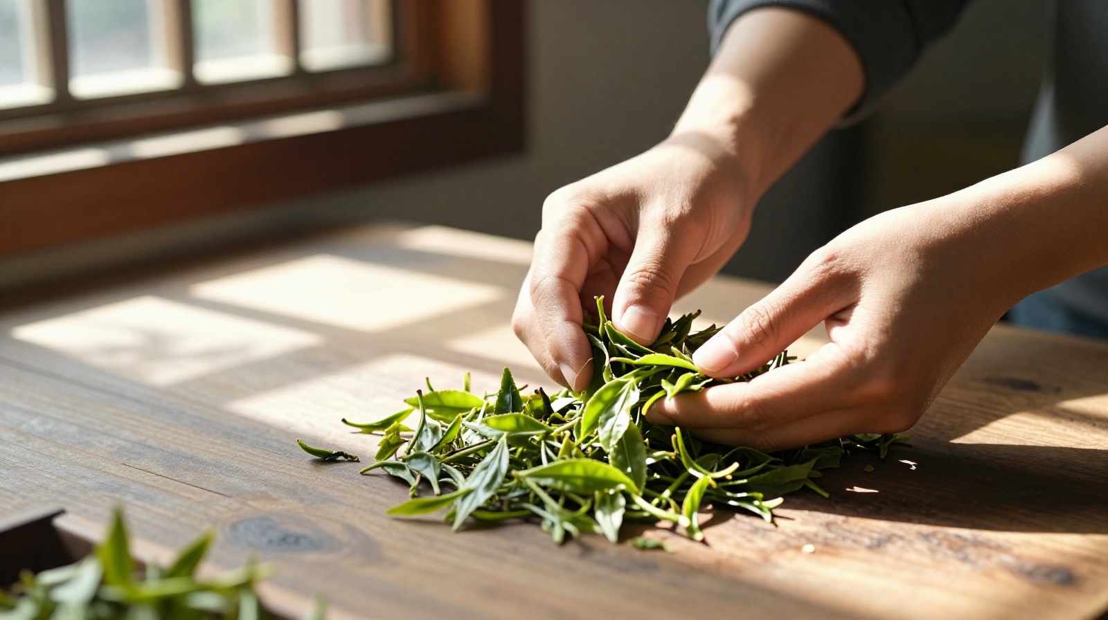 Young entrepreneur sorting tea leaves in a rural Yunnan workshop