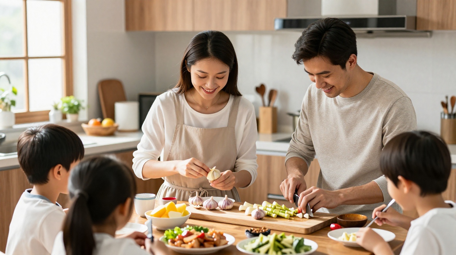A multi-generational Yunnanese family cooking together in a bright kitchen on a weekend