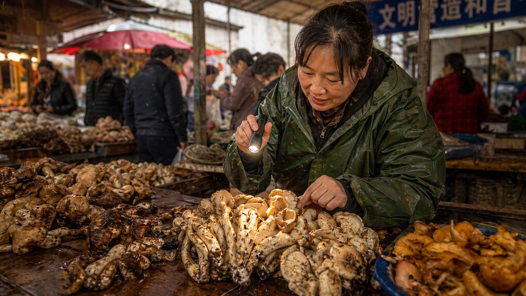 A close-up view of a local vendor in Kunming pointing out fresh wild mushrooms to a customer at a morning market