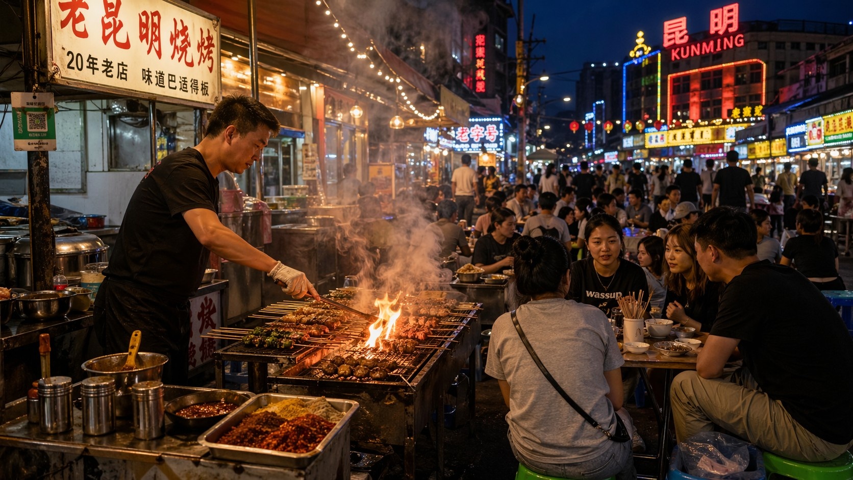 People enjoying street BBQ skewers at a bustling night market in Kunming after dinner