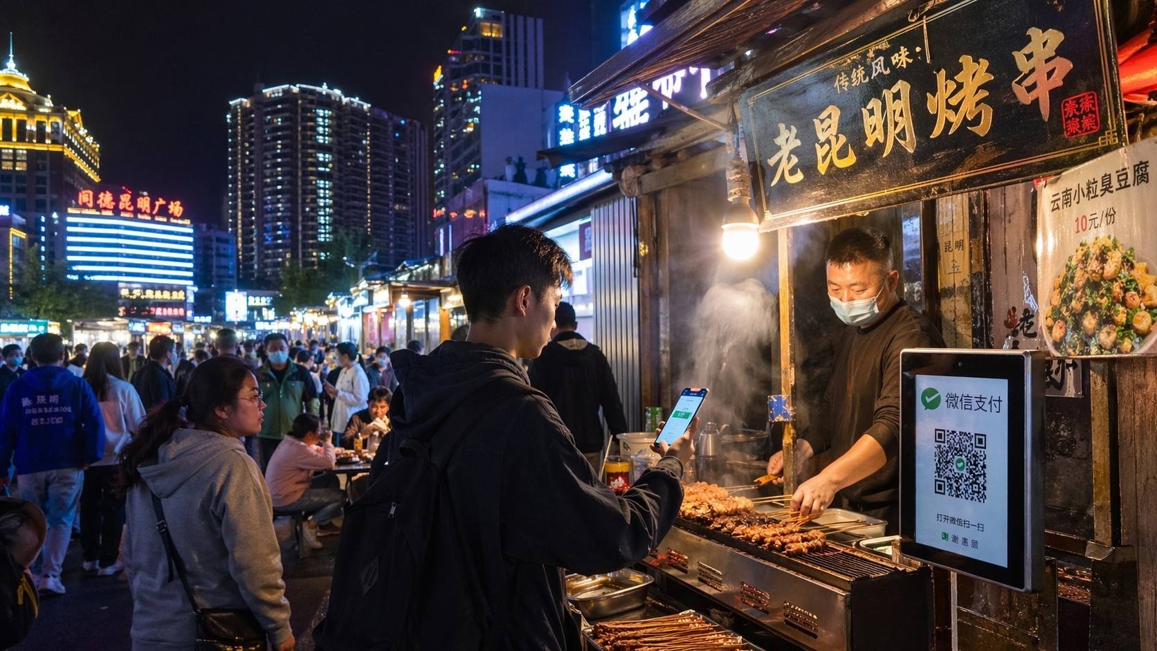A young person paying for street food using a mobile app in a busy Kunming night market